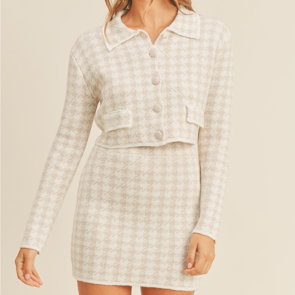 SOLD OUT Houndstooth Cropped Knit Cardigan and Mini Skirt Set - Picture 2 of 6